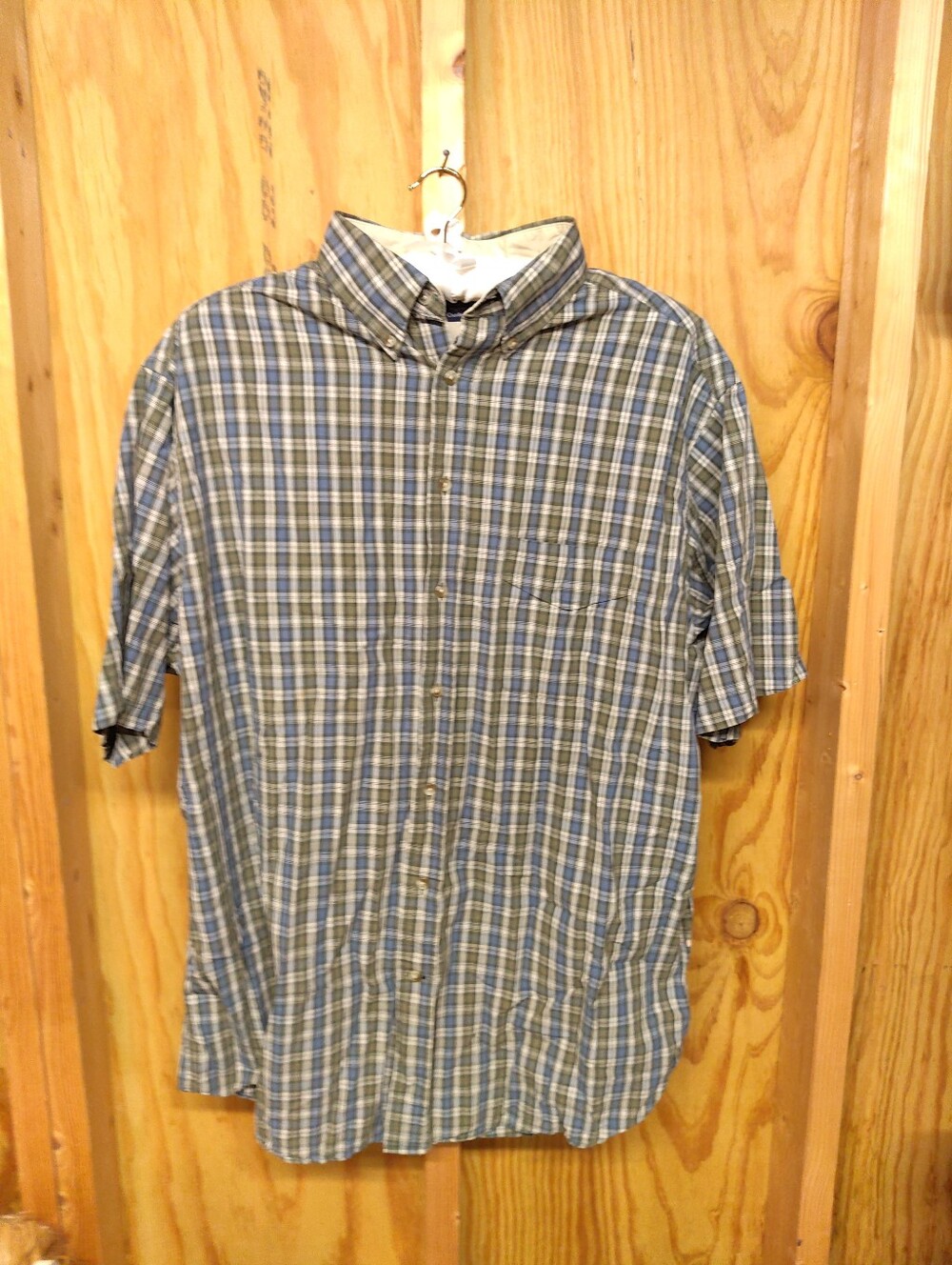Roundtree & Yorke Outdoors Mens XLT Short Sleeve Plaid Shirt Blue Olive Green